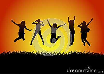 Silhouettes happy jumping women with the light of sunset background, vector illustration Stock Photo