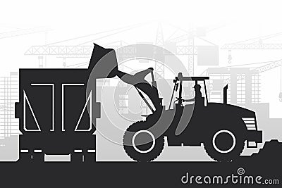 Silhouettes of heavy machinery with the operator driving a front loader and filling a truck with materials over a city under Vector Illustration