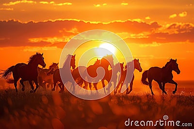 Silhouettes of herd of horses galloping across field at sunset Stock Photo