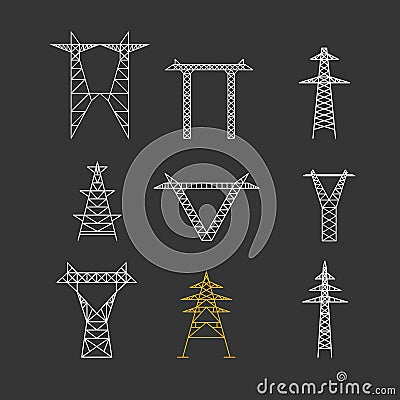 Silhouettes of High Voltage Electric Post Icon Set. Vector Vector Illustration