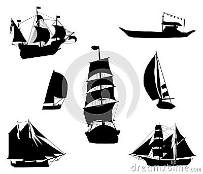 Silhouettes of historic sailing ships Vector Illustration