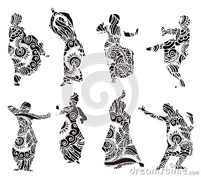 Silhouettes indian dancers in mehndi style Vector Illustration