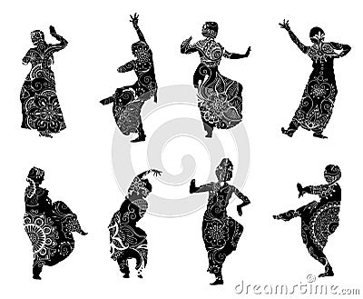 Silhouettes indian dancers in mehndi style Vector Illustration