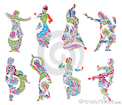 Silhouettes indian dancers in mehndi style Vector Illustration