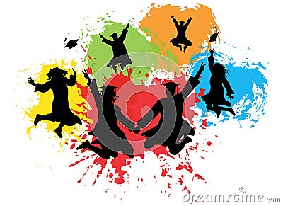 Silhouettes of jumping graduates in square academic caps and mantles on background of colorful splashes. Vector illustration Vector Illustration