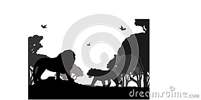 Silhouettes of a lion and a lioness on a background of trees of a shroud. Black and white vector silhouettes of predators Vector Illustration