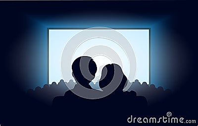 Silhouettes a loving couple at movie theater Vector Illustration