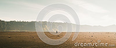 Silhouettes of a man with his horse on the desert in beams of sunlight Stock Photo