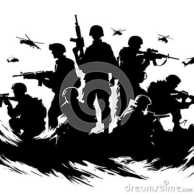 Silhouettes of many soldiers standing in a combat position with helicopters in the background. Cartoon Illustration