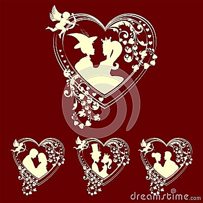 Silhouettes of men Prince and Princess, girls inside the heart, retro set Vector Illustration