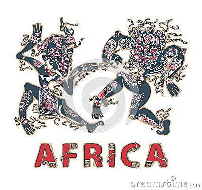 Silhouette of africans. Dancing africans aborigines in masks. Decorative inscription Africa Vector Illustration