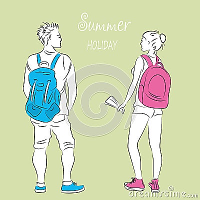 Silhouettes of men and women tourists Vector Illustration