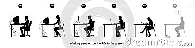 Silhouettes of men and women working since the 90s to the present Vector Illustration