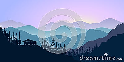 Silhouettes of mountains, chalet and forest at sunrise. Vector illustration. Vector Illustration