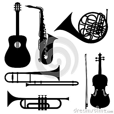 Silhouettes of musical instruments - guitar, french horn, trombone, trumpet and violin. Illustration Vector Illustration