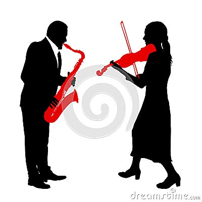 Silhouettes a musician playing the violinon snd saxophone a white background Vector Illustration