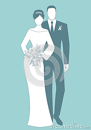 Silhouettes of newlyweds couple wearing wedding clothes. Classic Style. Elegant groom and beautiful bride holding bridal bouquet Stock Photo