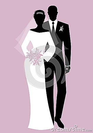 Silhouettes of newlyweds couple wearing wedding clothes. Classic Style. Elegant groom and beautiful bride holding bridal bouquet Stock Photo