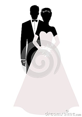 Silhouettes of newlyweds couple wearing wedding clothes. Classic Style. Elegant groom and beautiful bride holding bridal bouquet Stock Photo