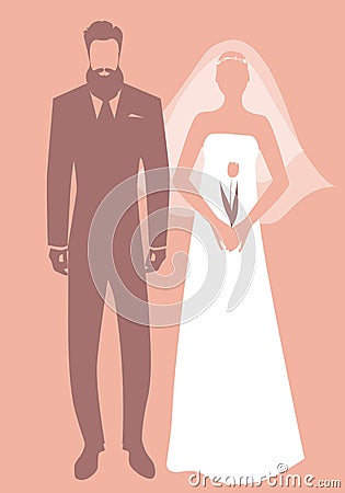 Silhouettes of newlyweds couple wearing wedding clothes. Stylish bearded groom and beautiful bride with veil holding a tulip Stock Photo