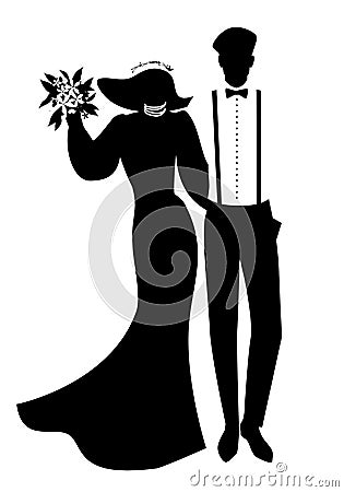 Silhouettes of newlyweds couple wearing wedding clothes. Wide-brimmed hat for her and beret, suspenders and bow tie for him Vector Illustration