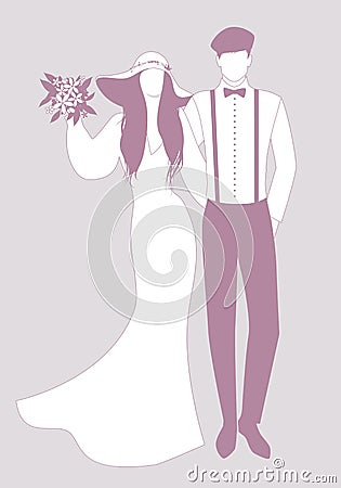 Silhouettes of newlyweds couple wearing wedding clothes. Wide-brimmed hat for her and beret, suspenders and bow tie for him Stock Photo