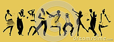 Silhouettes of nine people dancing Charleston Vector Illustration