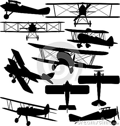 Silhouettes of old aeroplane - biplane Vector Illustration