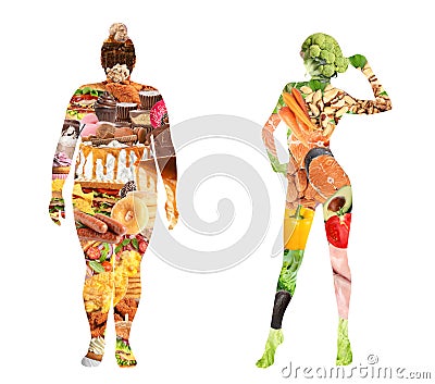 Silhouettes of overweight and slim women filled with unhealthy and healthy food on white background, collage. Illustration Stock Photo