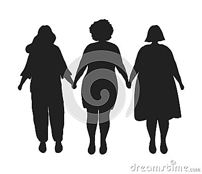 Silhouettes of overweight women. Plump women are holding hands. Plus size girls Vector Illustration