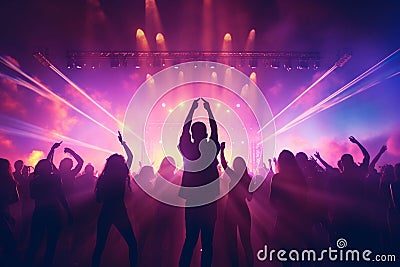 Silhouettes of people dancing joyously in front Stock Photo