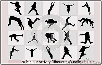 set vector silhouettes parkour,Set parkour silhouette vector illustration.Silhouettes of people engaged in parkour Vector Illustration