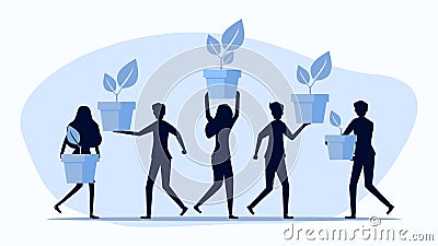Silhouettes of people holding trees. The concept of a customer who conserves nature. people planting trees together Vector Illustration
