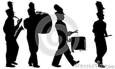 Marching band playing instruments silhouettes Vector Illustration