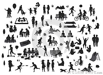 Silhouettes of people in the park scenes set , men women children play, relax, dance, eat, talk ride bikes Vector Illustration