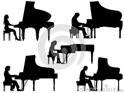 Silhouettes pianist at the piano. Vector Illustration