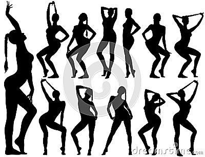 Silhouettes of pinup girls sitting in poses. Vector Illustration