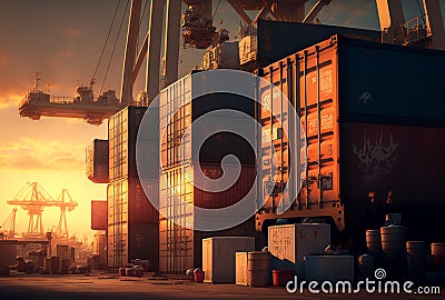 Silhouettes of port cranes at stunning red sunset. Cargo ship terminal at sunset. Generative AI Stock Photo