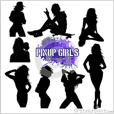Silhouettes - Pretty Pin up girl on white Vector Illustration