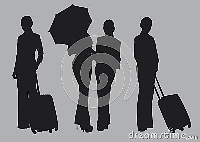 Silhouettes of pretty women group pose holding umbrella and suitcase prepare go to travel on grey colour background. Vector Illustration
