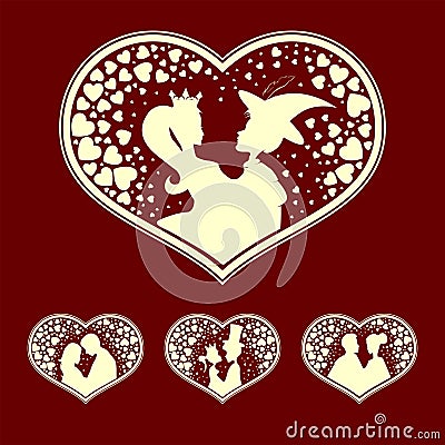 Silhouettes of the Prince and Princess, young people with heart retro, set Vector Illustration