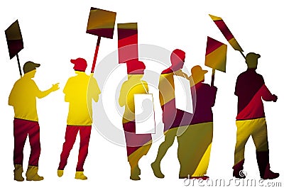 Silhouettes of protesting people against the the flag of Barcelona on white background. Isolated. Stock Photo