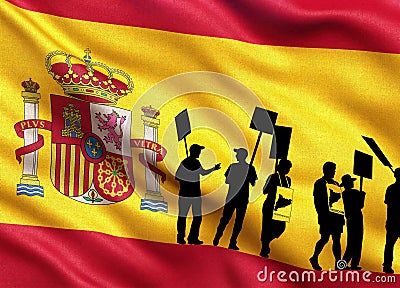 Silhouettes of protesting people on the flag of Spain Editorial Stock Photo