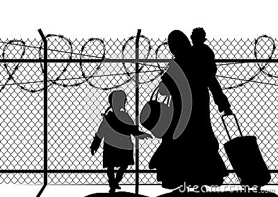 Silhouettes of refugee with two children standing at the border. Immigration religion and social theme Vector Illustration