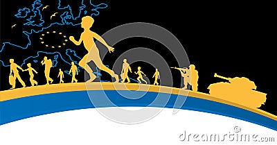 Silhouettes of refugees on blue-yellow background Vector Illustration