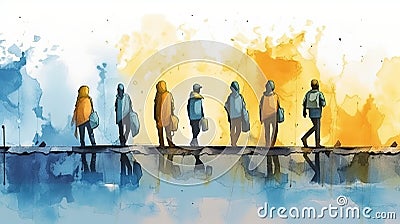Silhouettes of Refugees Walking Up the Road in Blue and Yellow Watercolor. Ideal for Posters and Landing Pages. Stock Photo