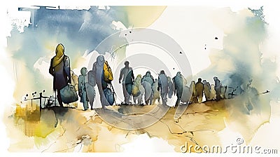 Silhouettes of Refugees Walking Up the Road in Blue and Yellow Watercolor. Ideal for Posters and Landing Pages. Stock Photo
