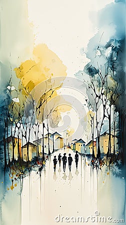 Silhouettes of Refugees Walking Up a Road with Trees and Buildings in Blue Watercolor. Ideal for Humanitarian Campaigns. Stock Photo