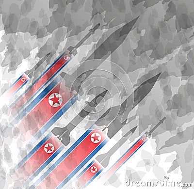 Silhouettes of rocket against the background of the flag of North Korea. Military background. Conflict in Asia. Vector Illustration