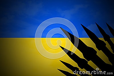 Silhouettes of rocket on the ukainian flag. Russian-Ukrainian crisis, conflict Stock Photo
